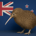 Ein Kiwi Pukupuku (Zwergkiwi) steht vor einer neuseeländischen Flagge auf dunkelblauem Hintergrund. Der seltene, flugunfähige Vogel ist seitlich zu sehen, mit seinem langen Schnabel und dem gefleckten braunen Gefieder.